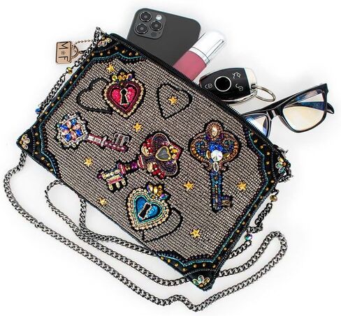 Mary Frances Unlocked Magic BeadedKeys & Heart Locks Mini Crossbody Clutch Handbag, Pewter in Saudi Arabia