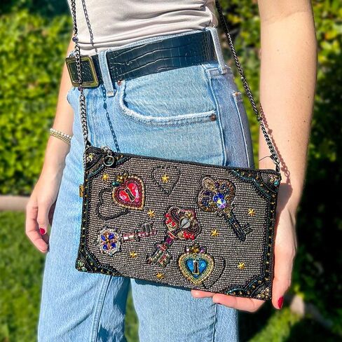 Mary Frances Unlocked Magic BeadedKeys & Heart Locks Mini Crossbody Clutch Handbag, Pewter in Saudi Arabia