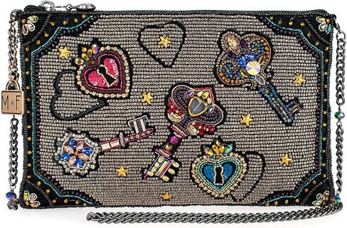 Mary Frances Unlocked Magic BeadedKeys & Heart Locks Mini Crossbody Clutch Handbag, Pewter in Saudi Arabia