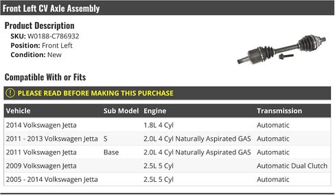 Front Left Driver Side CV Axle Assembly - Compatible with 2005-2014 Volkswagen Jetta in Saudi Arabia
