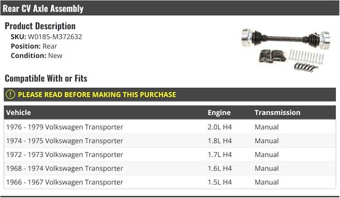 Rear CV Axle Assembly - Compatible with 1966-1979 Volkswagen Transporter (Manual Transmission) in Saudi Arabia