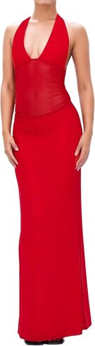 Women's Sheer Mesh Halter Neck Maxi Dress High Waist Backless Bodycon Side Split Long Dress Party Club in Kuwait