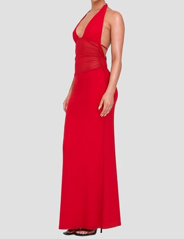 Women's Sheer Mesh Halter Neck Maxi Dress High Waist Backless Bodycon Side Split Long Dress Party Club in Kuwait