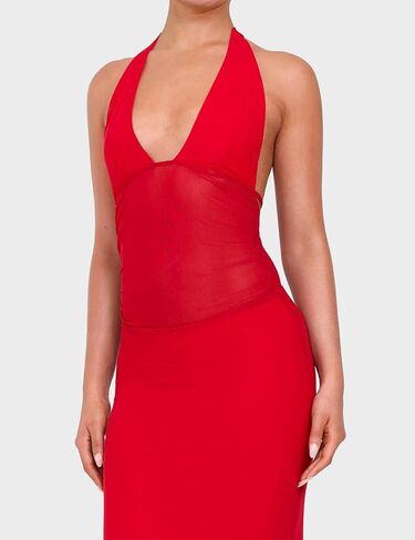 Women's Sheer Mesh Halter Neck Maxi Dress High Waist Backless Bodycon Side Split Long Dress Party Club in Kuwait