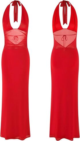 Women's Sheer Mesh Halter Neck Maxi Dress High Waist Backless Bodycon Side Split Long Dress Party Club in Kuwait