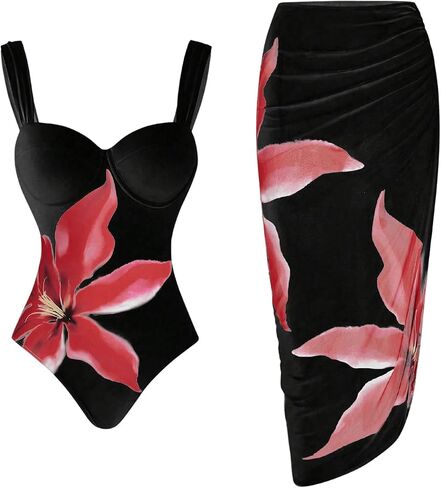 SweatyRocks Women's Floral Print One Piece Control Swimsuit Monokini with Cover Up Beach Skirts Swimwear in Saudi Arabia