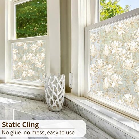 Golden Flower Privacy Window Film, Removable Static Cling Double-Sided Frosted Window Decal for Door Window Panes Glass Decor, 35.43 Inch Width, Lotus in Kuwait
