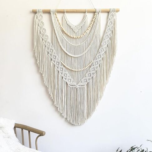 Large Macrame Wall Hanging, 27'' W x 36'' L Boho Art Tapestry Wall Decor for Urban entryway,Living Room,Bedroom Decor, headboard Woven, Big Fiber Art Over Couch (Wood Bead) in Saudi Arabia