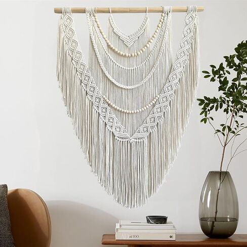 Large Macrame Wall Hanging, 27'' W x 36'' L Boho Art Tapestry Wall Decor for Urban entryway,Living Room,Bedroom Decor, headboard Woven, Big Fiber Art Over Couch (Wood Bead) in Saudi Arabia