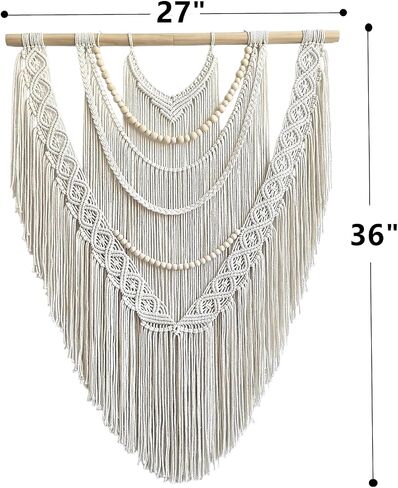 Large Macrame Wall Hanging, 27'' W x 36'' L Boho Art Tapestry Wall Decor for Urban entryway,Living Room,Bedroom Decor, headboard Woven, Big Fiber Art Over Couch (Wood Bead) in Saudi Arabia