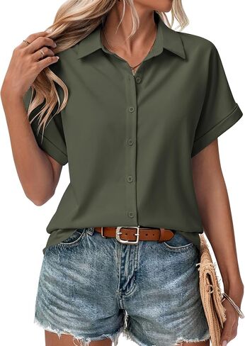 Zeagoo Short Sleeve Summer Tops for Women Casual Button Down Shirts Solid/Striped Business Work Blouses in Saudi Arabia