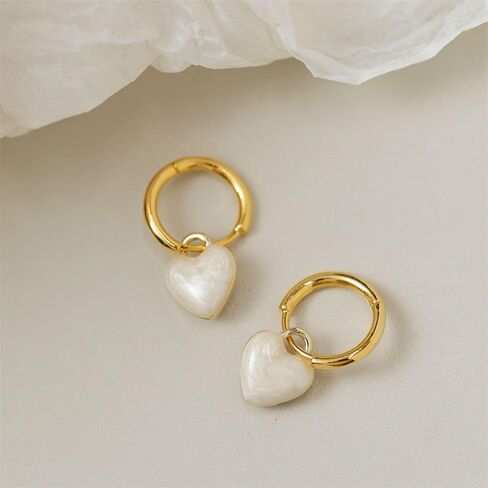 White Heart Love Dangle Drop Small Huggie Hoop Earrings for Women Cute Minimalist Gold Plated Enamel Charm Hoops Dainty Hypoallergenic Jewelry for Her in Saudi Arabia