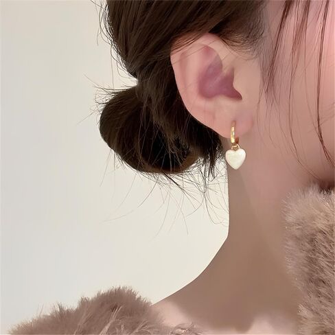 White Heart Love Dangle Drop Small Huggie Hoop Earrings for Women Cute Minimalist Gold Plated Enamel Charm Hoops Dainty Hypoallergenic Jewelry for Her in Saudi Arabia