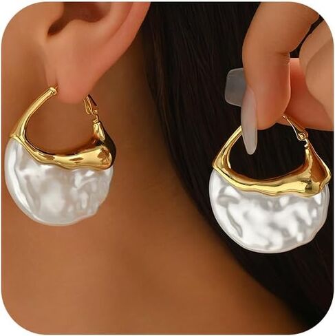 Trendy Gold Half Round Moon Pearl Earrings Statement for Women, Charm Vintage Unique Chunky Irregular Pearl Hoop Earrings Dainty Valentine Jewelry Gift in Saudi Arabia