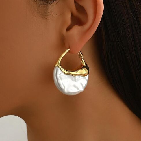 Trendy Gold Half Round Moon Pearl Earrings Statement for Women, Charm Vintage Unique Chunky Irregular Pearl Hoop Earrings Dainty Valentine Jewelry Gift in Saudi Arabia