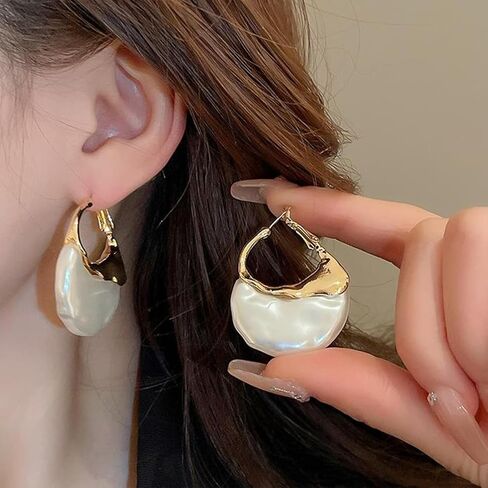 Trendy Gold Half Round Moon Pearl Earrings Statement for Women, Charm Vintage Unique Chunky Irregular Pearl Hoop Earrings Dainty Valentine Jewelry Gift in Saudi Arabia