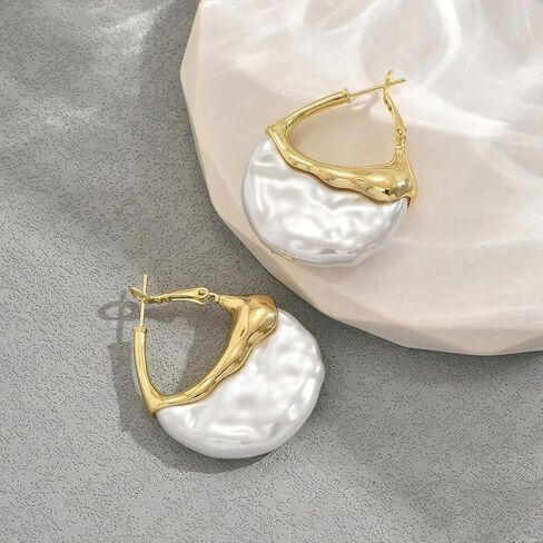Trendy Gold Half Round Moon Pearl Earrings Statement for Women, Charm Vintage Unique Chunky Irregular Pearl Hoop Earrings Dainty Valentine Jewelry Gift in Saudi Arabia