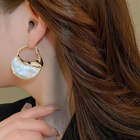 Trendy Gold Half Round Moon Pearl Earrings Statement for Women, Charm Vintage Unique Chunky Irregular Pearl Hoop Earrings Dainty Valentine Jewelry Gift in Saudi Arabia