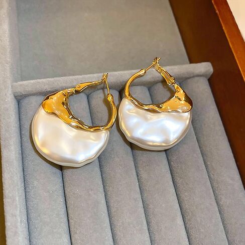 Trendy Gold Half Round Moon Pearl Earrings Statement for Women, Charm Vintage Unique Chunky Irregular Pearl Hoop Earrings Dainty Valentine Jewelry Gift in Saudi Arabia