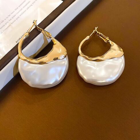 Trendy Gold Half Round Moon Pearl Earrings Statement for Women, Charm Vintage Unique Chunky Irregular Pearl Hoop Earrings Dainty Valentine Jewelry Gift in Saudi Arabia