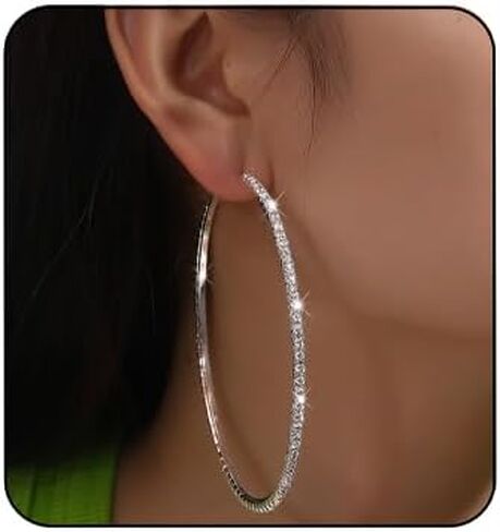 80mm Rhinestone Hoop Earrings for Women Sparkly Earrings Exaggerated Prom Earring Large Rhinestones Round Hoop Earrings Trendy Prom Wedding Jewelry in Kuwait