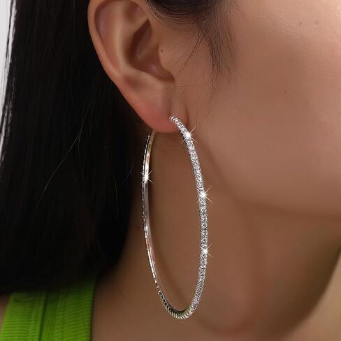 80mm Rhinestone Hoop Earrings for Women Sparkly Earrings Exaggerated Prom Earring Large Rhinestones Round Hoop Earrings Trendy Prom Wedding Jewelry in Kuwait