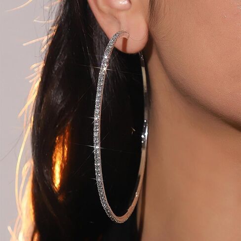 80mm Rhinestone Hoop Earrings for Women Sparkly Earrings Exaggerated Prom Earring Large Rhinestones Round Hoop Earrings Trendy Prom Wedding Jewelry in Kuwait