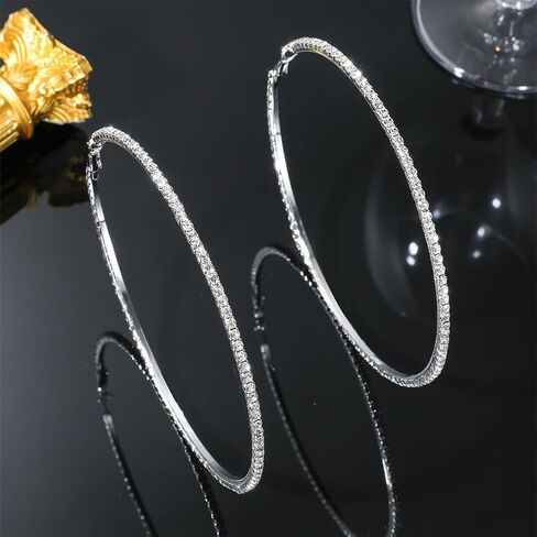 80mm Rhinestone Hoop Earrings for Women Sparkly Earrings Exaggerated Prom Earring Large Rhinestones Round Hoop Earrings Trendy Prom Wedding Jewelry in Kuwait