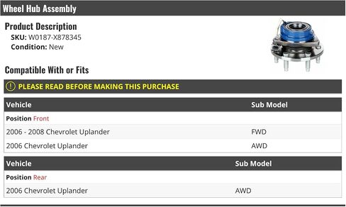 Wheel Hub and Bearing Assembly - Compatible with 2006-2008 Chevy Uplander in Saudi Arabia