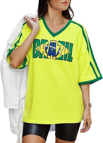Brazil Shirt for Women Y2K Short Sleeve T Shirts Brazil Jersey Contrast Binding V Neck Regular Fit Tee Tops in Kuwait