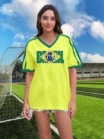 Brazil Shirt for Women Y2K Short Sleeve T Shirts Brazil Jersey Contrast Binding V Neck Regular Fit Tee Tops in Kuwait