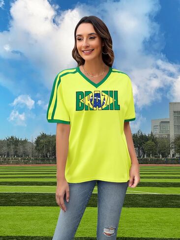 Brazil Shirt for Women Y2K Short Sleeve T Shirts Brazil Jersey Contrast Binding V Neck Regular Fit Tee Tops in Kuwait