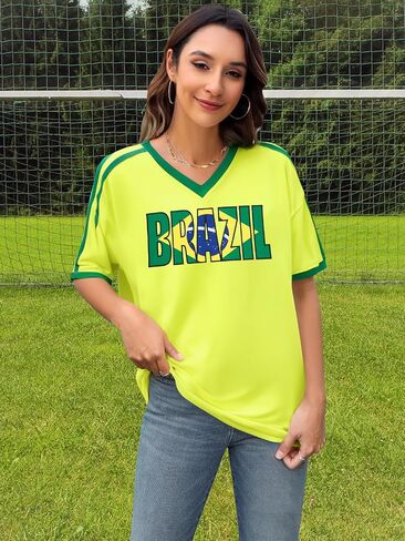 Brazil Shirt for Women Y2K Short Sleeve T Shirts Brazil Jersey Contrast Binding V Neck Regular Fit Tee Tops in Kuwait