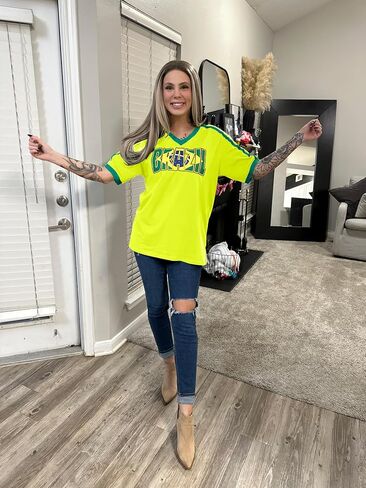 Brazil Shirt for Women Y2K Short Sleeve T Shirts Brazil Jersey Contrast Binding V Neck Regular Fit Tee Tops in Kuwait