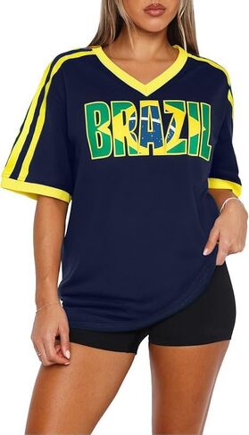Brazil Shirt for Women Y2K Short Sleeve T Shirts Brazil Jersey Contrast Binding V Neck Regular Fit Tee Tops in Kuwait