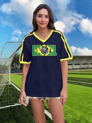 Brazil Shirt for Women Y2K Short Sleeve T Shirts Brazil Jersey Contrast Binding V Neck Regular Fit Tee Tops in Kuwait