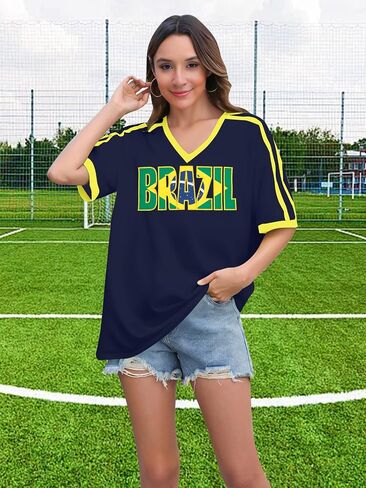 Brazil Shirt for Women Y2K Short Sleeve T Shirts Brazil Jersey Contrast Binding V Neck Regular Fit Tee Tops in Kuwait