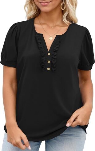 اللاسلكلي للسيدات زائد الحجم الصيف الأنبوب الأنبوب الكشكش V العنق T القمصان العصرية نفخة قصيرة الأكمام الأزرار الأزرار غير الرسمية لأعلى بلوزات in Saudi Arabia