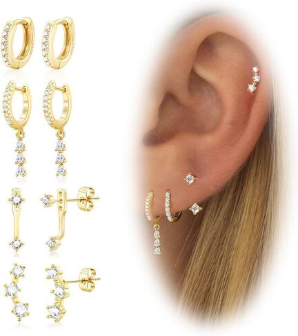 Gold Cartilage Earrings for Women, Silver Dangle Cubic Zirconia Huggie Hoop Earring Stacks Set for Multiple Piercing, Hypoallergenic Surgical Steel Small Dainty Flower Helix Jacket Stud Earrings in Kuwait