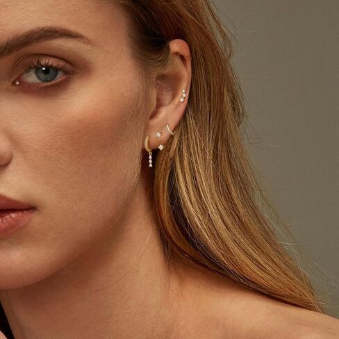 Gold Cartilage Earrings for Women, Silver Dangle Cubic Zirconia Huggie Hoop Earring Stacks Set for Multiple Piercing, Hypoallergenic Surgical Steel Small Dainty Flower Helix Jacket Stud Earrings in Kuwait