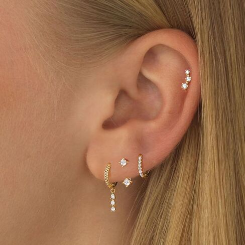 Gold Cartilage Earrings for Women, Silver Dangle Cubic Zirconia Huggie Hoop Earring Stacks Set for Multiple Piercing, Hypoallergenic Surgical Steel Small Dainty Flower Helix Jacket Stud Earrings in Kuwait