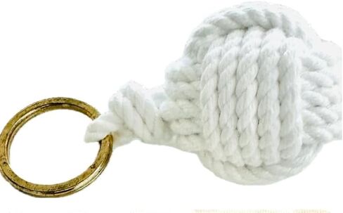 Decorative Nautical Monkey Fist Knot Keychain, White Cotton Rope with Rustic Brass Ring in Saudi Arabia