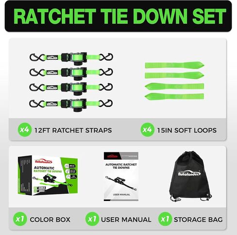 Retractable Ratchet Straps with Soft Loops (4 Pack)-(1,500lb Break Strength)-1 Inch x 12 Feet Heavy Duty Auto Self Retracting Tie Down Strap for Truck, Cargo Trailer, Motorcycle, Rad & More in Kuwait