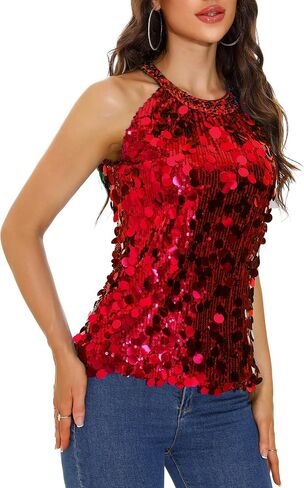 GUANYY Halter Sequin Tops for Women Sleeveless Sparkly Glitter Shiny Tank Top Party Concert Sequence Blouse in Kuwait