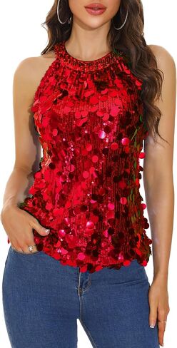 GUANYY Halter Sequin Tops for Women Sleeveless Sparkly Glitter Shiny Tank Top Party Concert Sequence Blouse in Kuwait