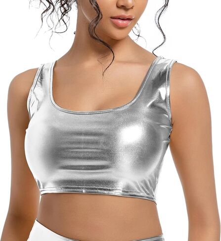 Women's Metallic Crop Top – Shiny Stretch Tank for Rave, Festival, Club, Dance & Party Wear in Kuwait