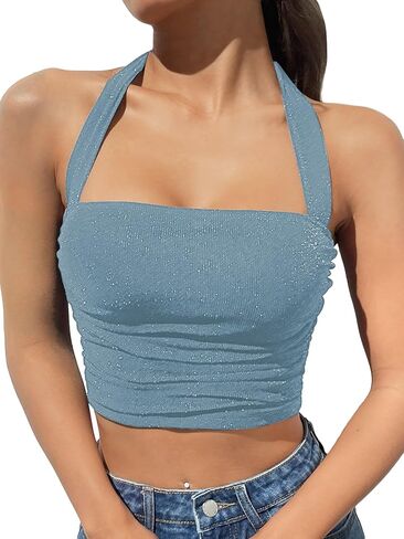 OYOANGLE Women's Glitter Sparkly Sleeveless Tie Backless Ruched Crop Halter Tops Party Clubwear in Saudi Arabia