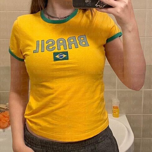 Vintage Brazil Shirts for Women Jamaica Mexico Soccer Jersey Brasil Y2K Graphic Baby Tees in Saudi Arabia