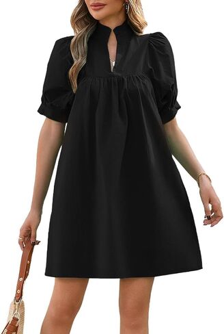 Women's Ruffle Collar High Neck Mini Dress Puff Short Sleeve Cotton Babydoll Peplum Dresses with Pockets in Saudi Arabia