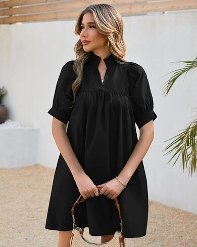 Women's Ruffle Collar High Neck Mini Dress Puff Short Sleeve Cotton Babydoll Peplum Dresses with Pockets in Saudi Arabia